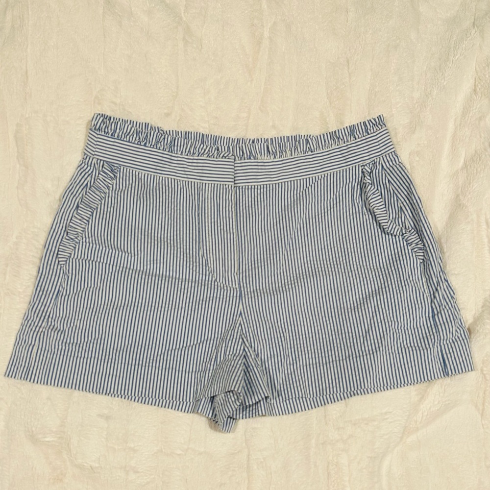 J Crew Blue and white striped ruffle detailed shorts